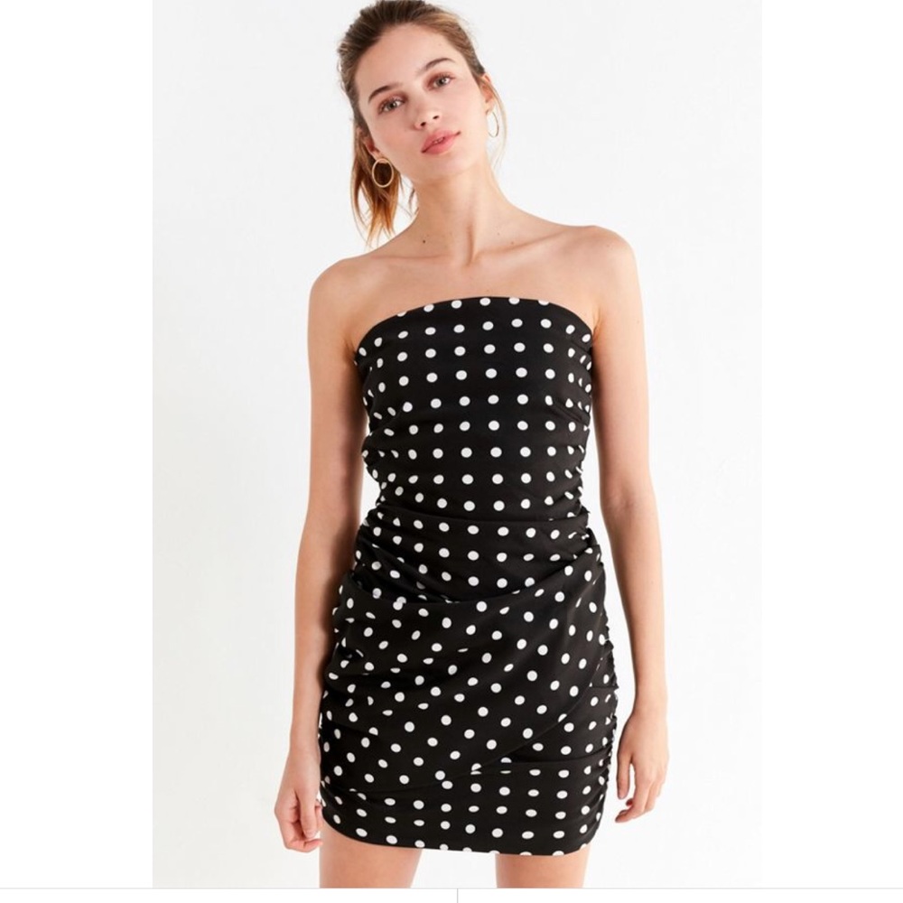 Lioness Black Polka Dot Strapless Mini Dress